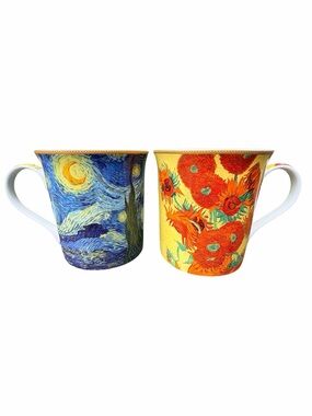Lesser & Pavey Van Gogh Fine China Mugs Starry Night & Sunflowers Pair